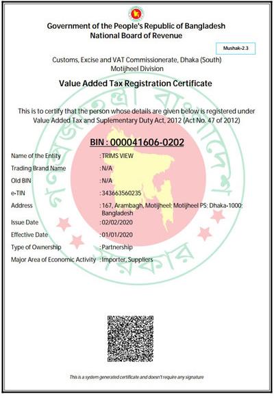 Certificate: Value Added Tax Registration Certificate (VAT)