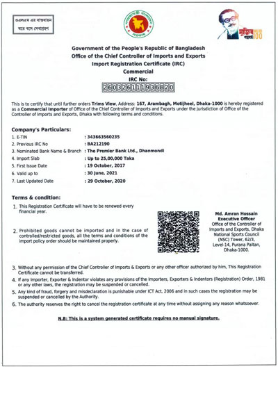 Certificate: Import Registration Certificate (IRC)
