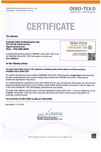 Certificate: OEKO-TEX INSPIRING CONFIDENCE